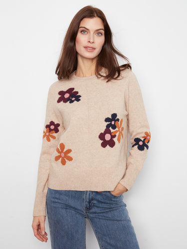 Heather-sand sweater featuring ribbed hem and cuffs with a floral jacquard design adding a touch of elegance by Charlie B.