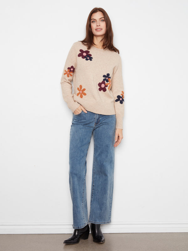 Floral Crew Neck Sweater - Light Heather Sand