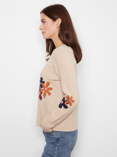 Stylish sweater in light heather-sand with intricate jacquard floral patterns on the sleeves by Charlie B.