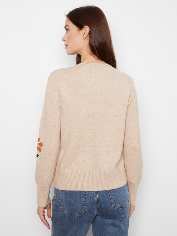 Floral Crew Neck Sweater - Light Heather Sand