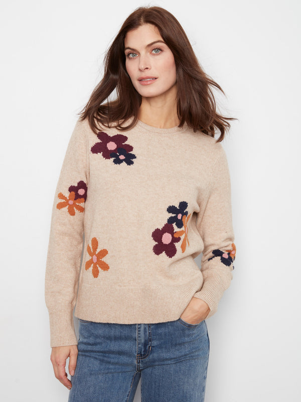 Floral Crew Neck Sweater - Light Heather Sand