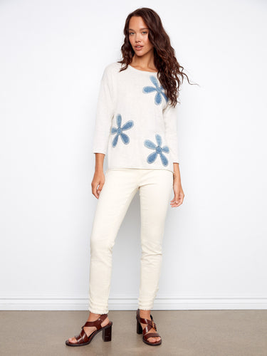 Elegant Heather Oat sweater featuring stylish 3/4 sleeves, enhanced with denim patches and floral embroidery by Charlie B.