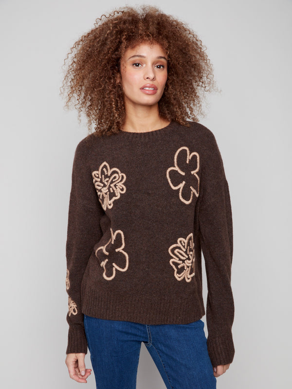 Heather brown sweater with drop shoulders, adorned with floral embroidery and ribbed cuffs for a cozy fit by Charlie B.