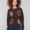 Heather brown sweater with drop shoulders, adorned with floral embroidery and ribbed cuffs for a cozy fit by Charlie B.