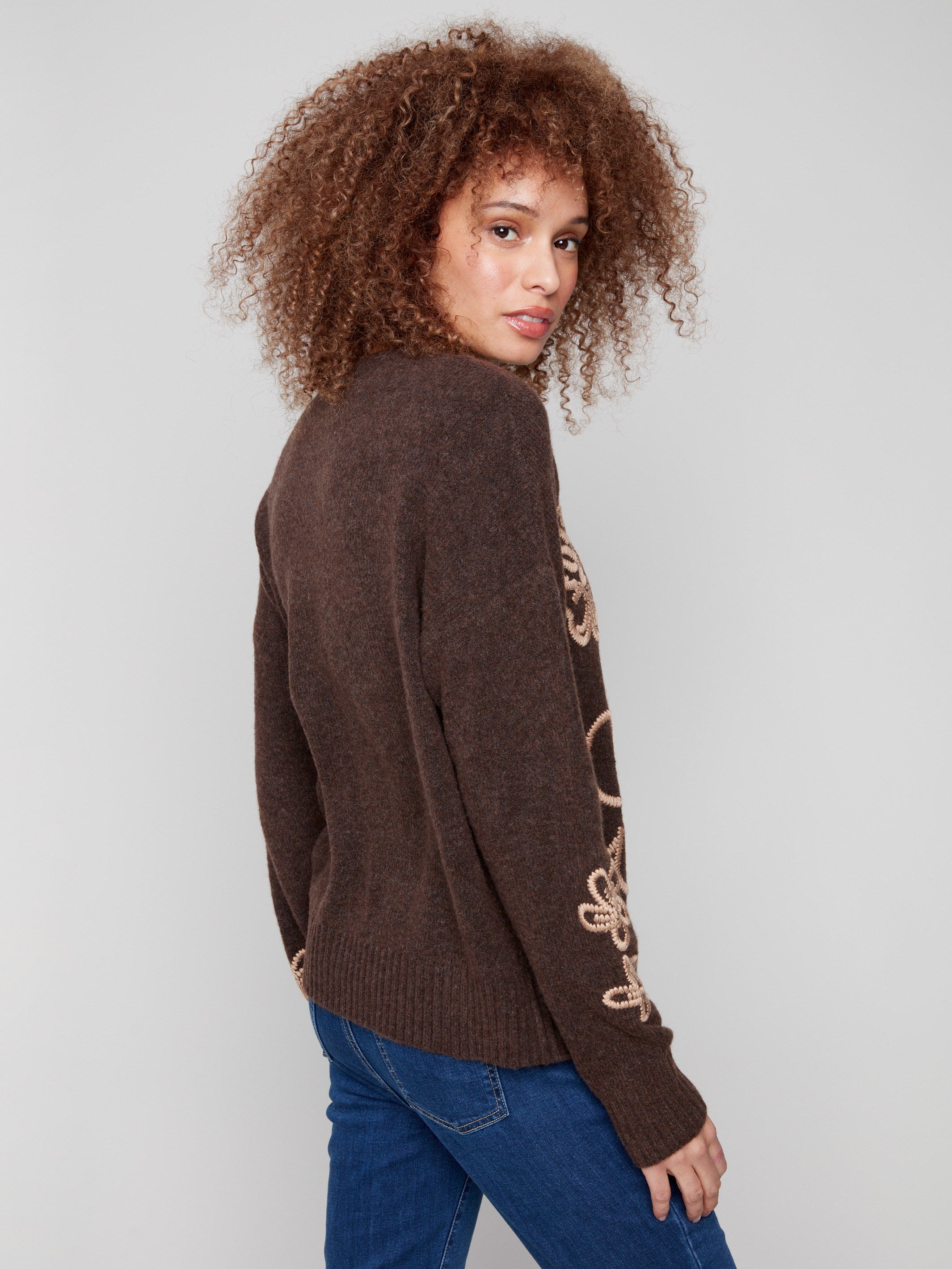 Stylish heather brown sweater featuring a crew neck and intricate floral embroidery, complete with ribbed details by Charlie B.