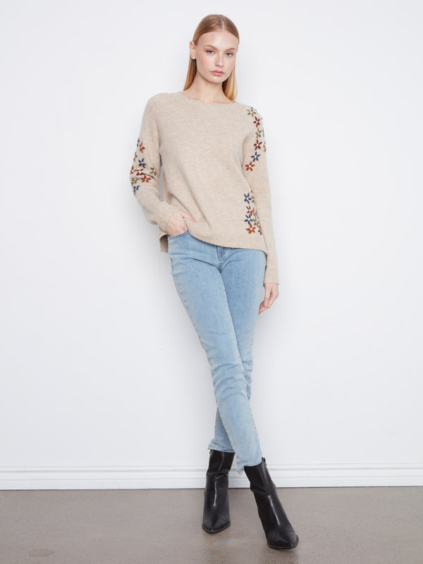 Floral Embroidered Crew Neck Sweater - Heather Light Pebble