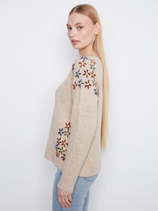 Floral Embroidered Crew Neck Sweater - Heather Light Pebble