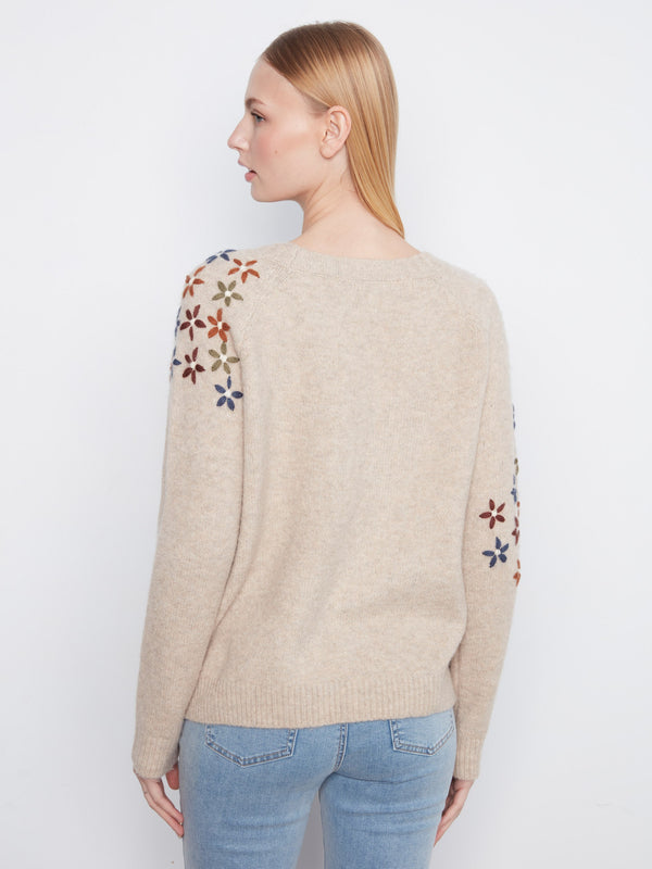 Floral Embroidered Crew Neck Sweater - Heather Light Pebble
