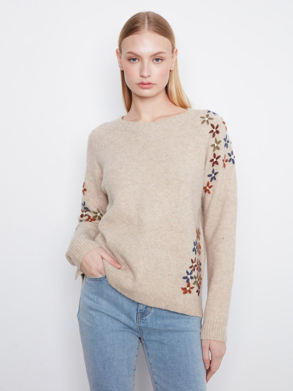 Floral Embroidered Crew Neck Sweater - Heather Light Pebble