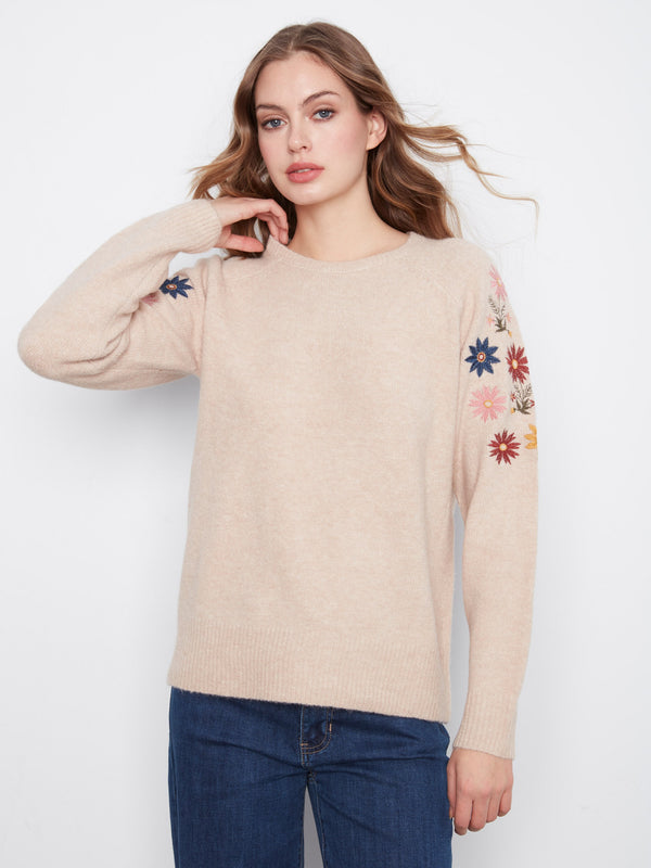 Floral Embroidered Raglan Sweater - Heather Almond