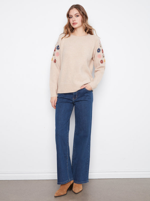 Floral Embroidered Raglan Sweater - Heather Almond