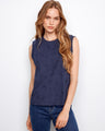 Navy cotton top featuring intricate floral embroidery and a stylish sleeveless design by Charlie B.