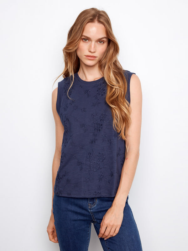 Floral Embroidered Sleeveless Cotton Top - Navy