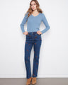 Denim jeans with vibrant floral embroidery, offering a stylish and artistic touch to your wardrobe. By Charlie B.