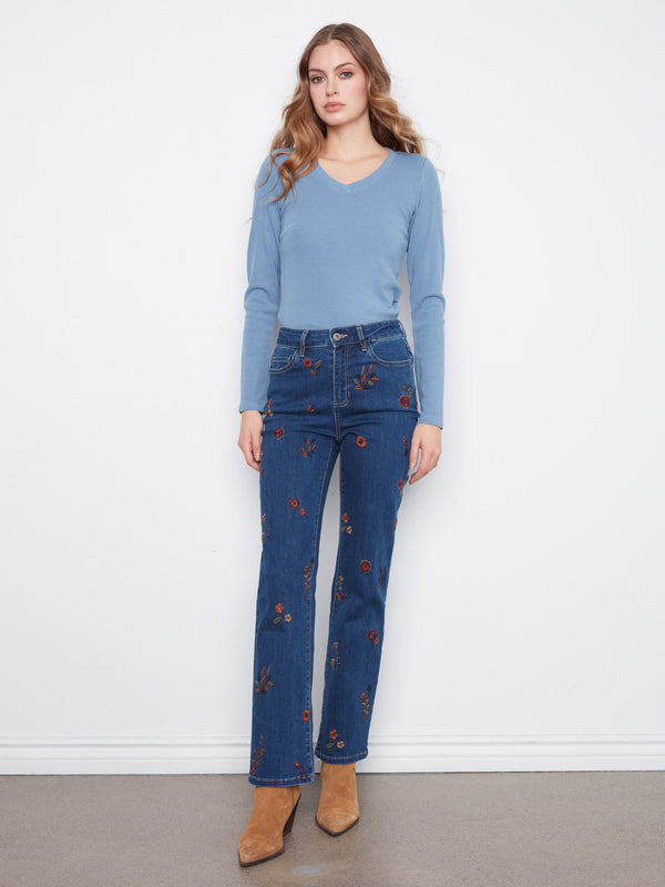 Floral Embroidered Straight Leg Jeans - Indigo