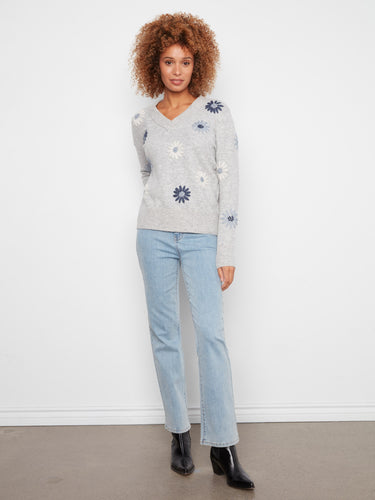 V-neck sweater in heather-grey featuring elegant floral embroidery and long sleeves by Charlie B.