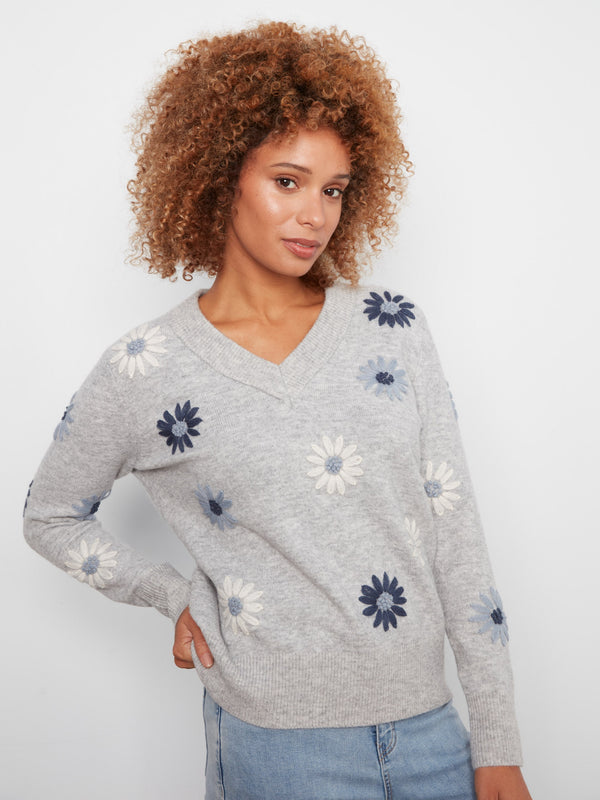 Floral Embroidered V-Neck Sweater - Heather Grey