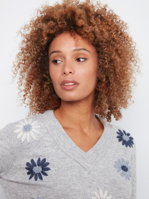 Floral Embroidered V-Neck Sweater - Heather Grey