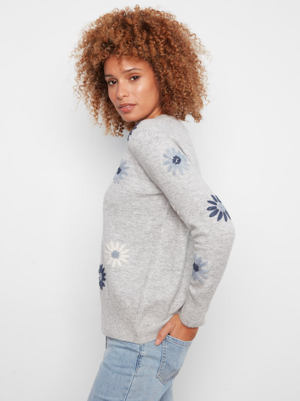 Floral Embroidered V-Neck Sweater - Heather Grey