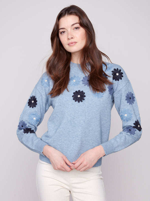Floral embroidered denim sweater in heather tone, crafted for a chic relaxed fit by Charlie B.