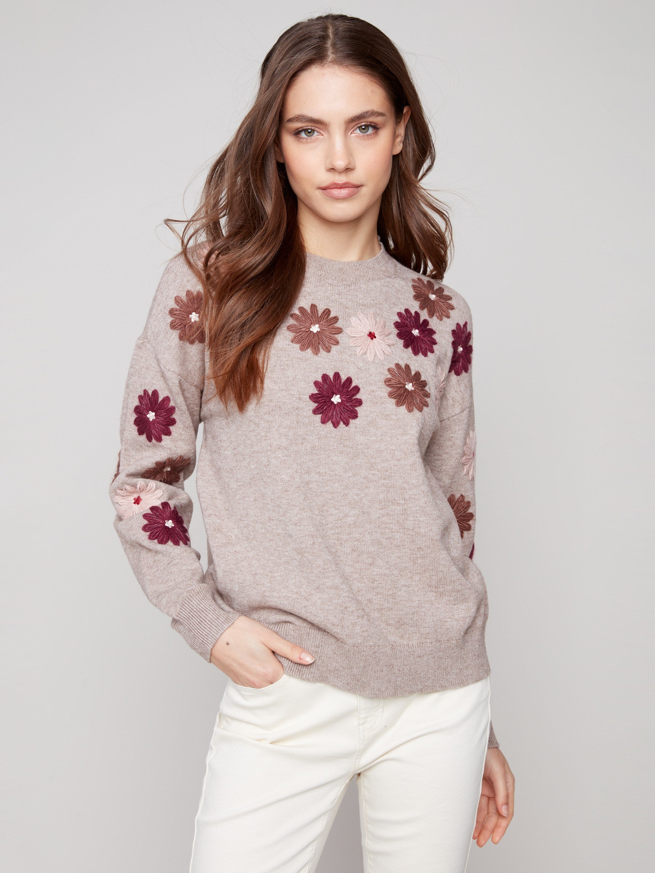 Heather taupe sweater with floral embroidery, featuring a drop shoulders design and ribbed cuffs by Charlie B.