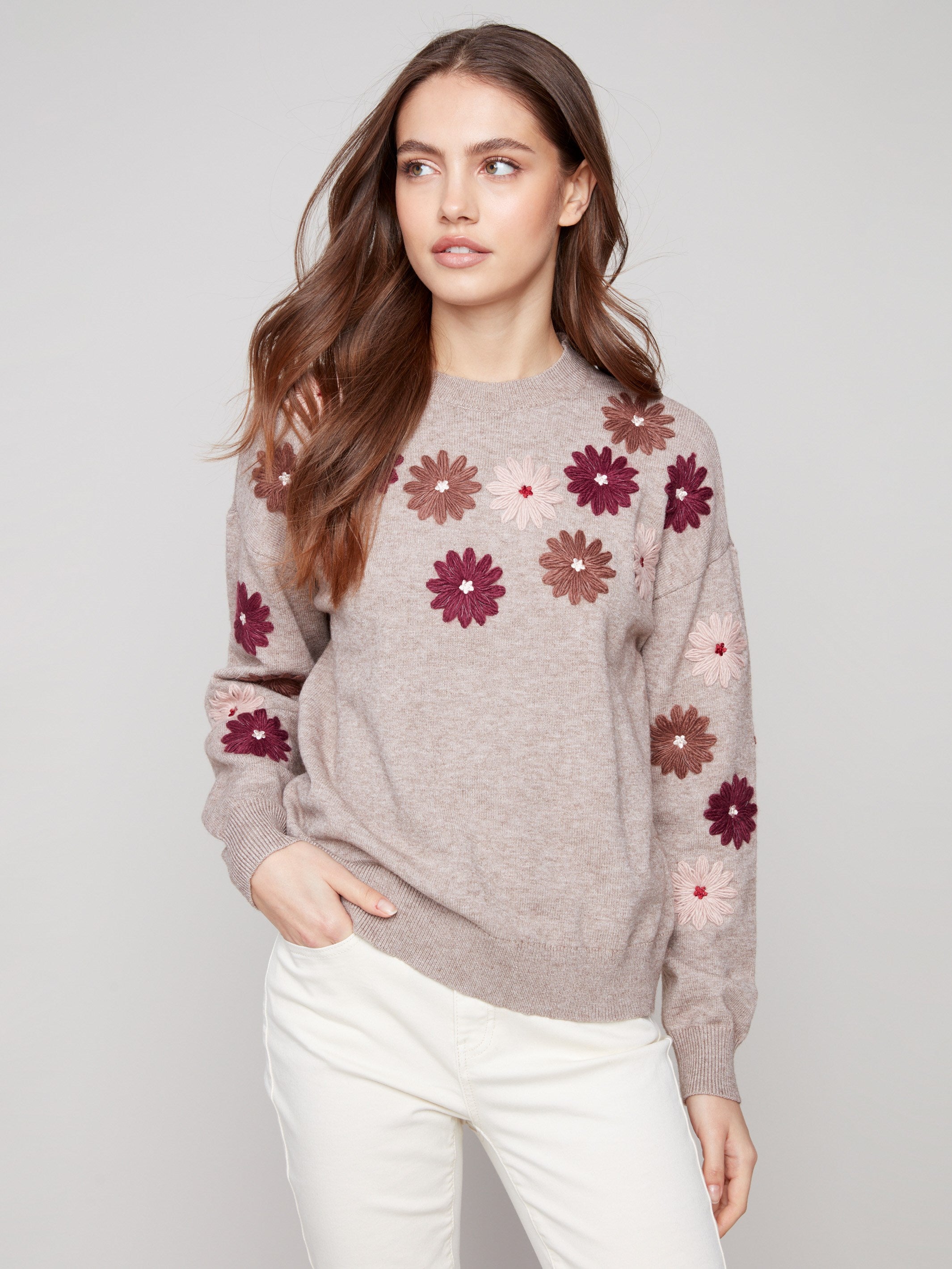 Floral embroidered heather taupe sweater featuring relaxed fit and ribbed cuffs for added comfort by Charlie B.