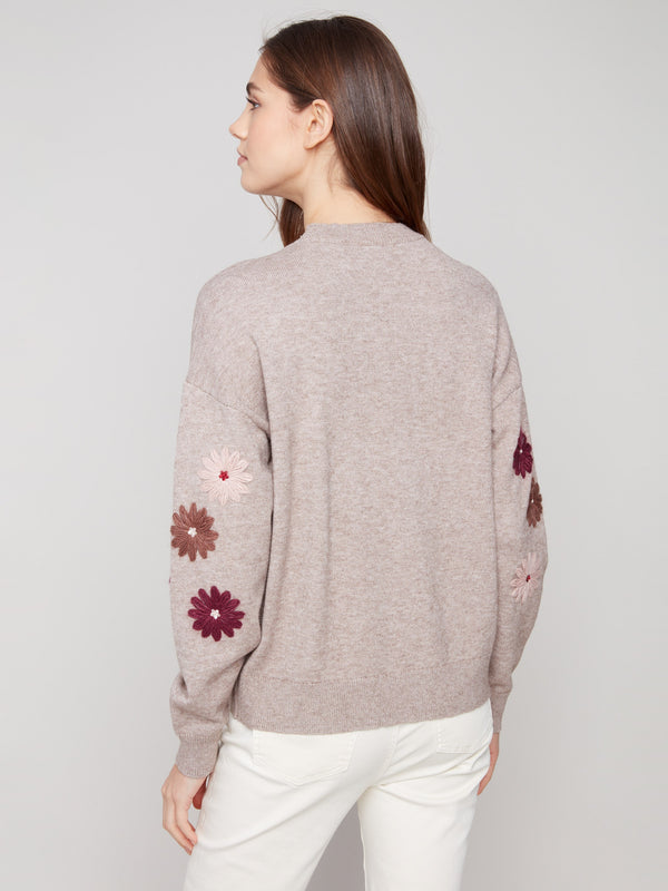 Sweater in heather taupe with vibrant floral embroidery, designed with drop shoulders for a stylish look by Charlie B.