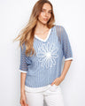 Knit top featuring a stylish V-neck with intricate floral appliqué, showcasing elegance and charm by Charlie B.