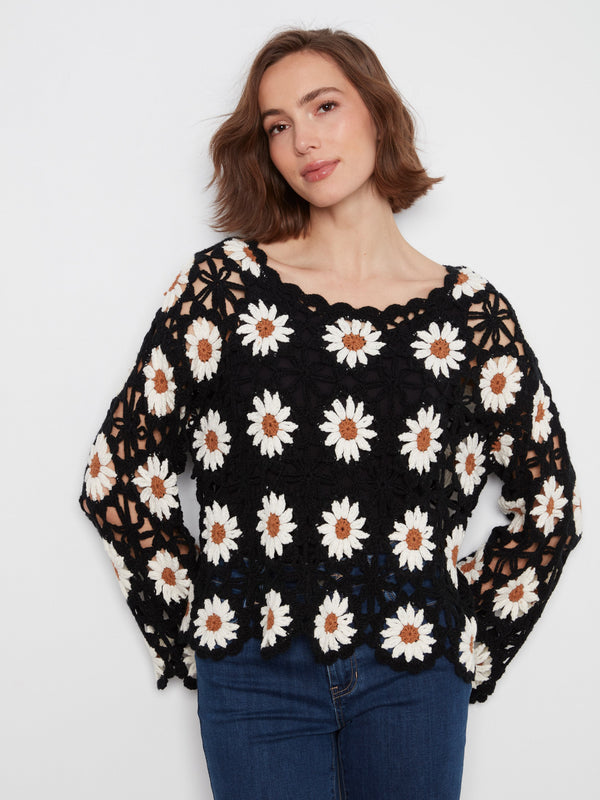 Floral Hand-Crochet Sweater - Black