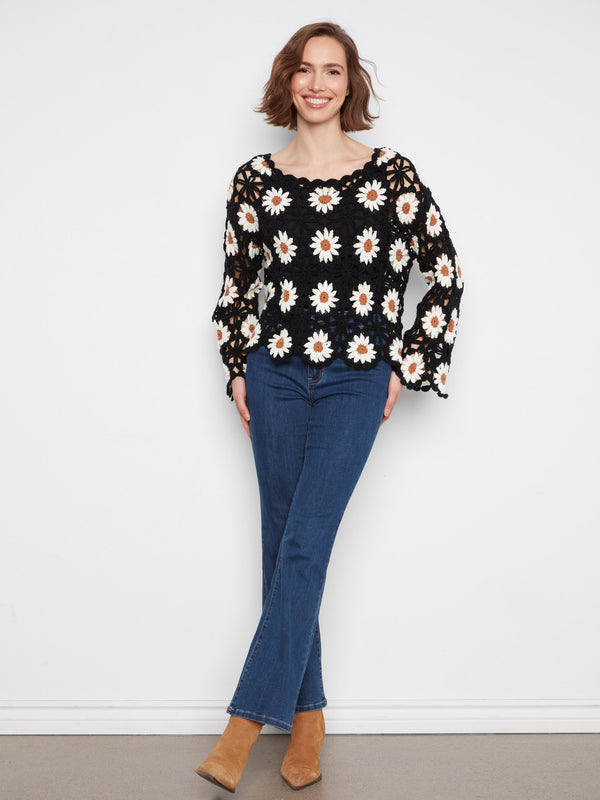 Floral Hand-Crochet Sweater - Black