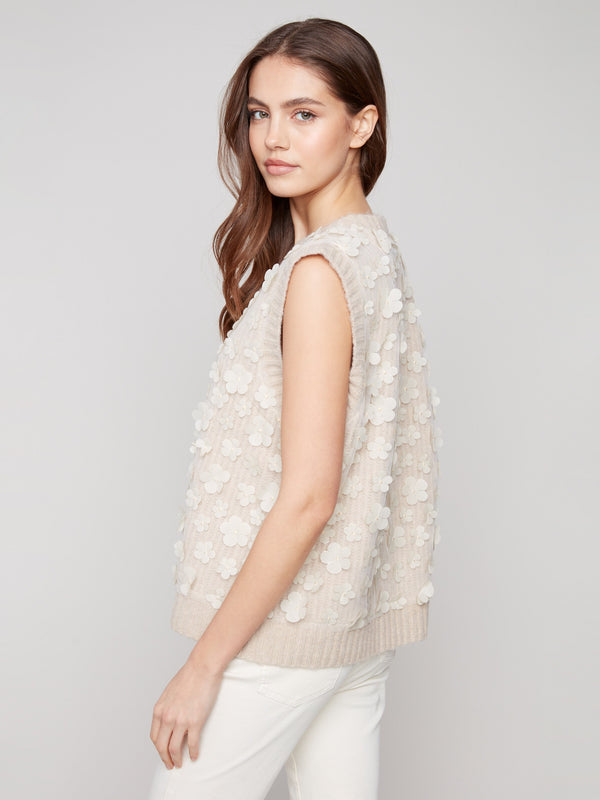 Floral Mesh V-Neck Sweater Vest - Heather Oat