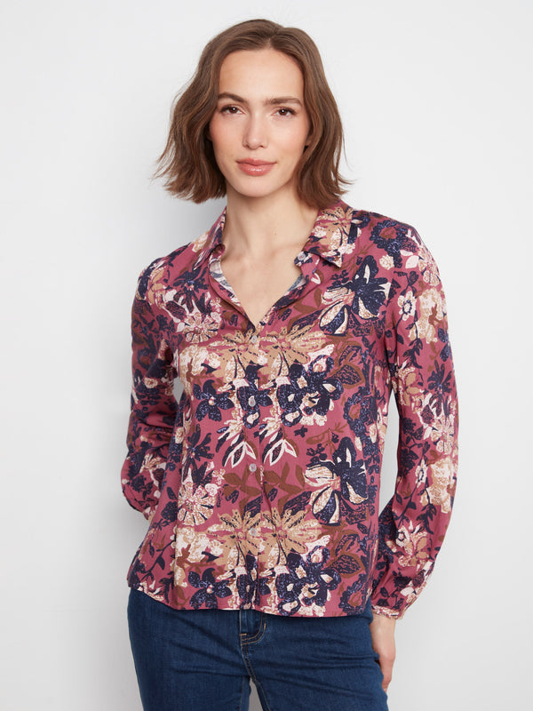 Floral Print Button-Front Blouse - Passion