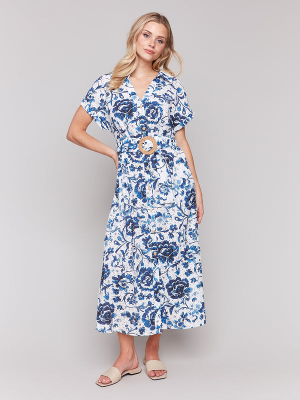 Stylish waist belt accent on floral maxi dress by Charlie B.
