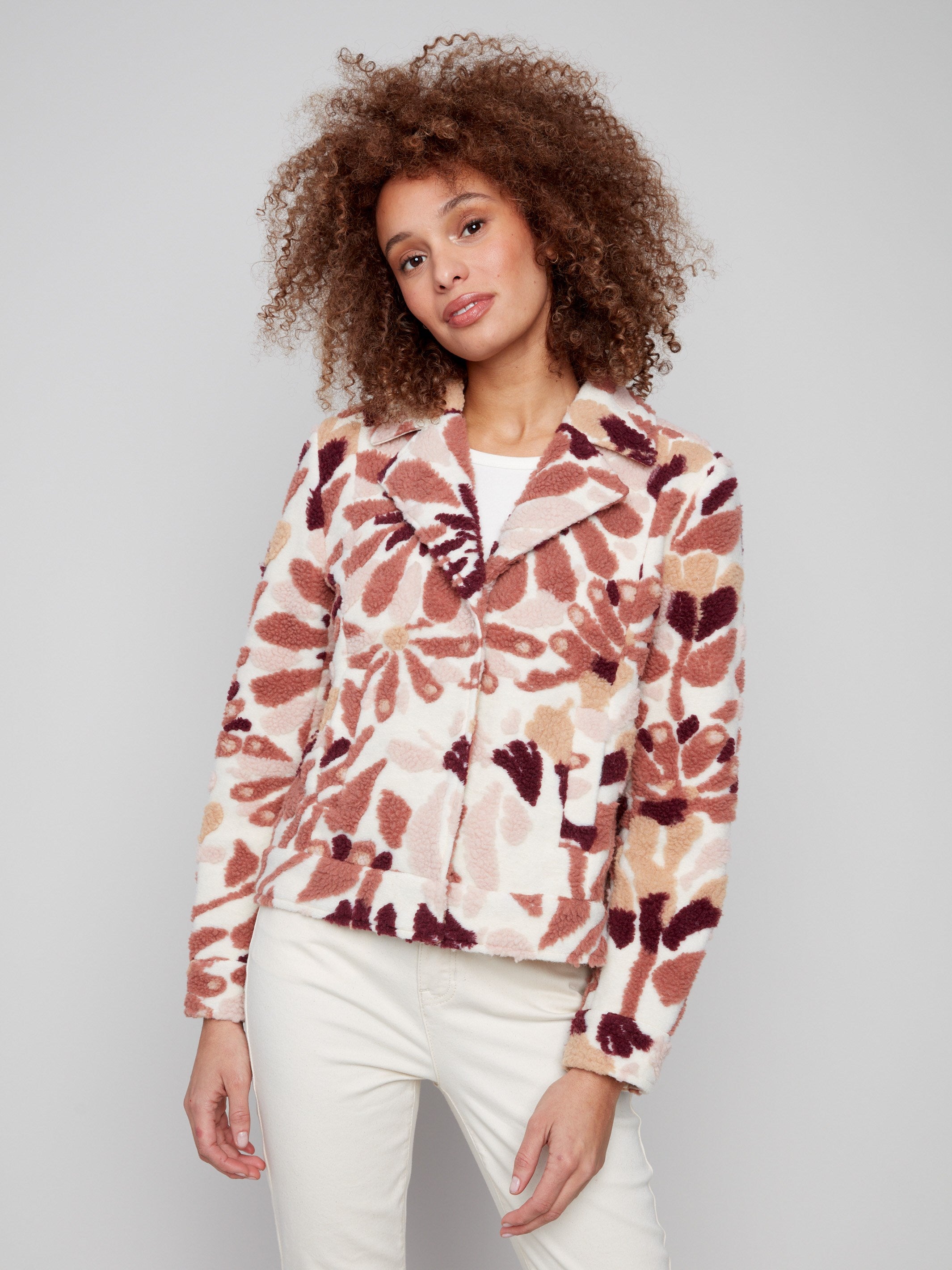 Cabernet floral sherpa fleece coat featuring a stylish lapel collar, adding elegance to your wardrobe by Charlie B.