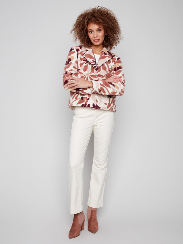 Floral sherpa fleece coat with convenient front snap closure, perfect for effortless style and comfort by Charlie B.