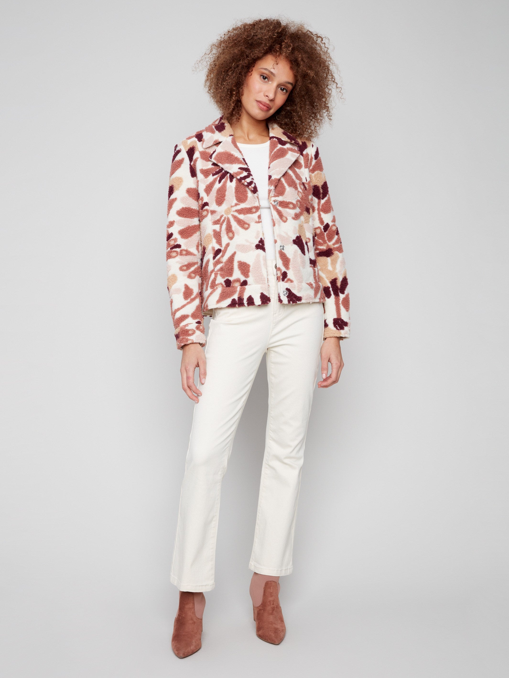 Sherpa flocked fleece short coat in cabernet floral pattern, offering cozy warmth and chic design by Charlie B.