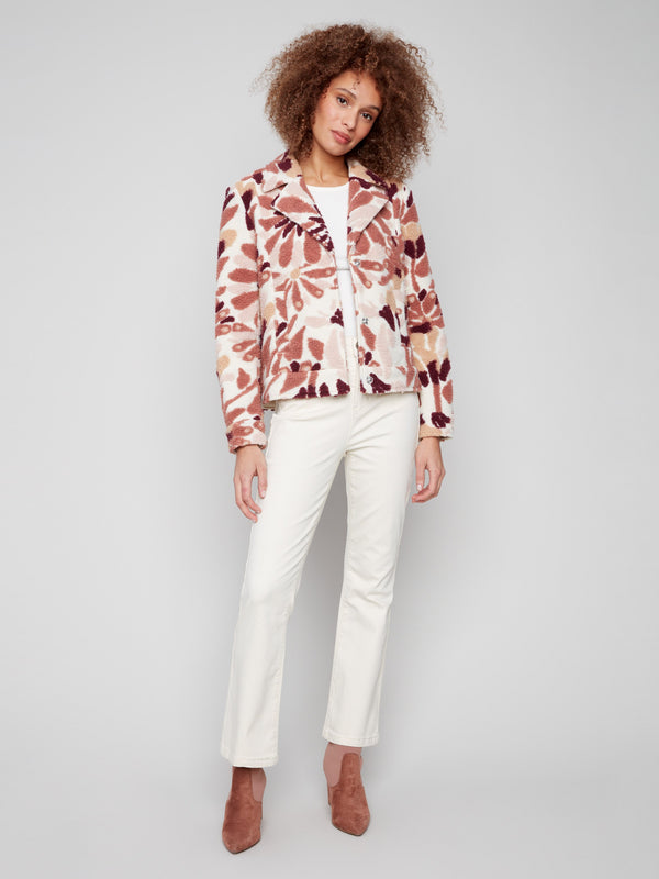 Sherpa flocked fleece short coat in cabernet floral pattern, offering cozy warmth and chic design by Charlie B.