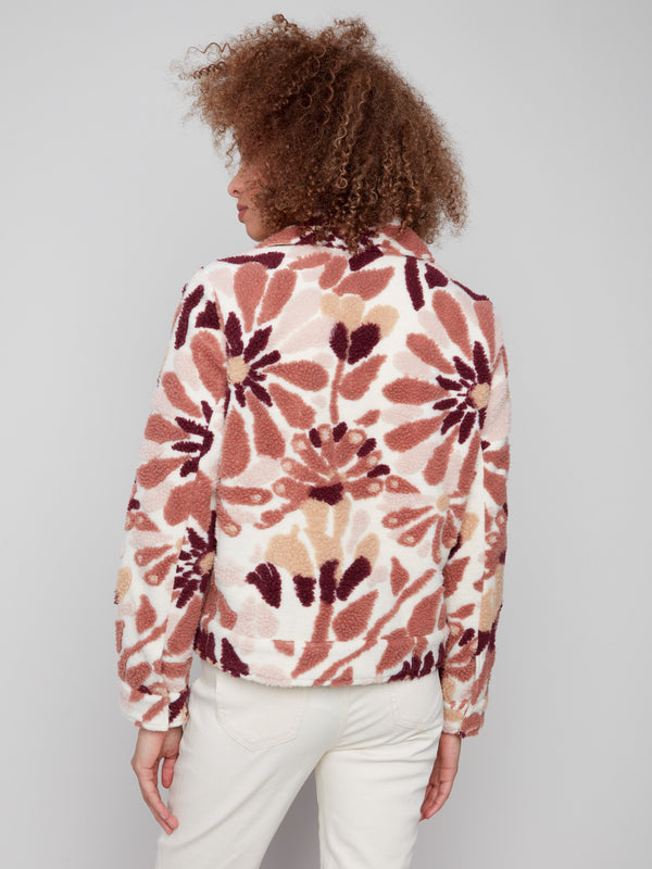 Floral sherpa fleece coat with open sleeve cuffs for a relaxed and modern touch to your outfit by Charlie B.