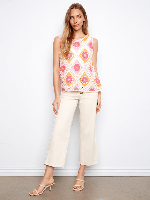 Floral Sleeveless Crochet Cotton Blend Top - Apricot