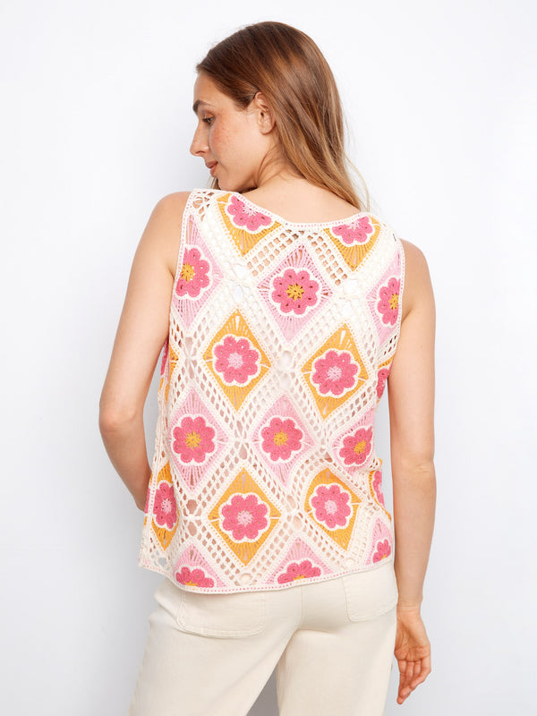 Floral Sleeveless Crochet Cotton Blend Top - Apricot