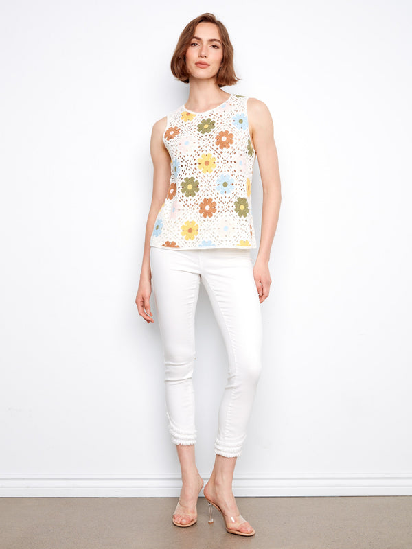 Floral Sleeveless Crochet Cotton Blend Top - Multicolor