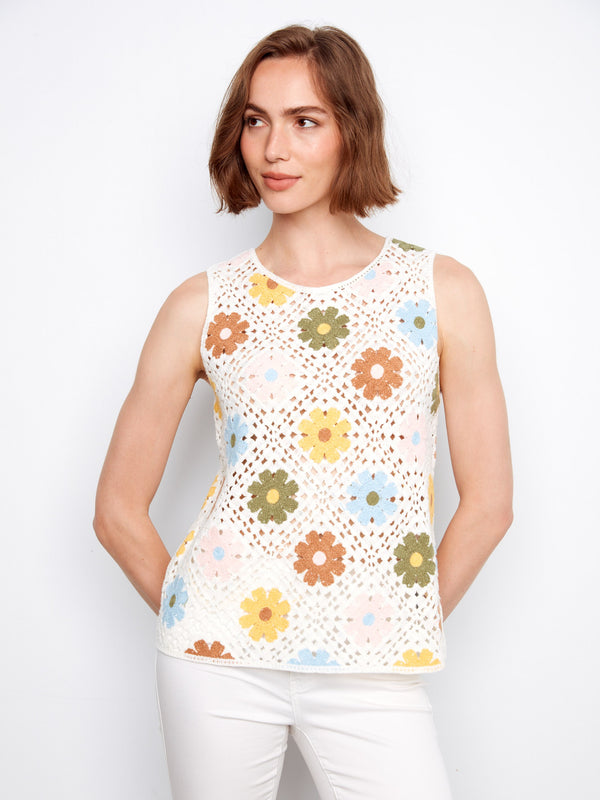 Floral Sleeveless Crochet Cotton Blend Top - Multicolor