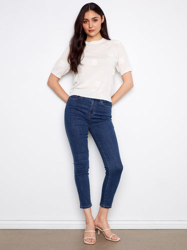 Elbow-sleeve cotton top featuring elegant floral applique embroidery, ideal for any occasion by Charlie B.