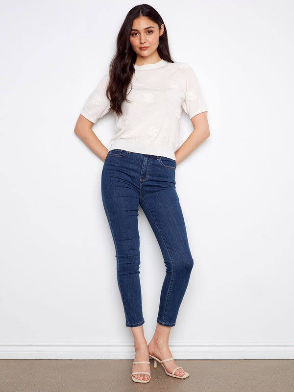 Floral Soutache Cotton Knit Top - White