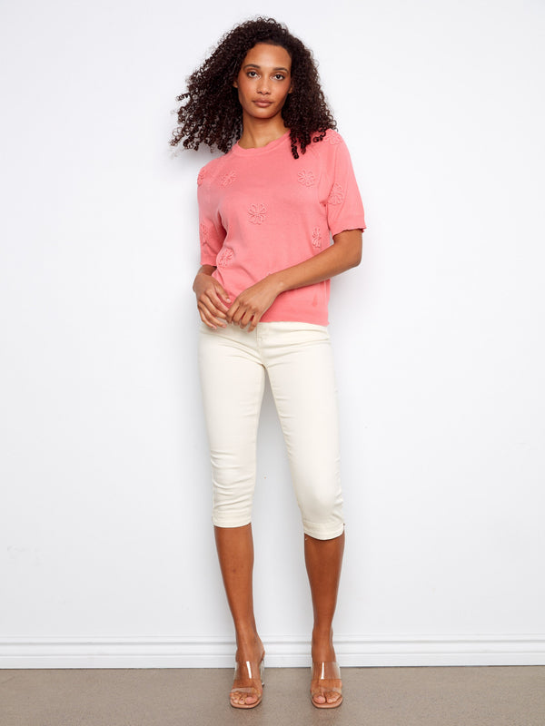 Floral Soutache Cotton Knit Top - Sorbet