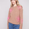 Heather Truffle sweater with vibrant pink floral accents and a cozy drop shoulder design. Perfect for casual elegance by Charlie B.