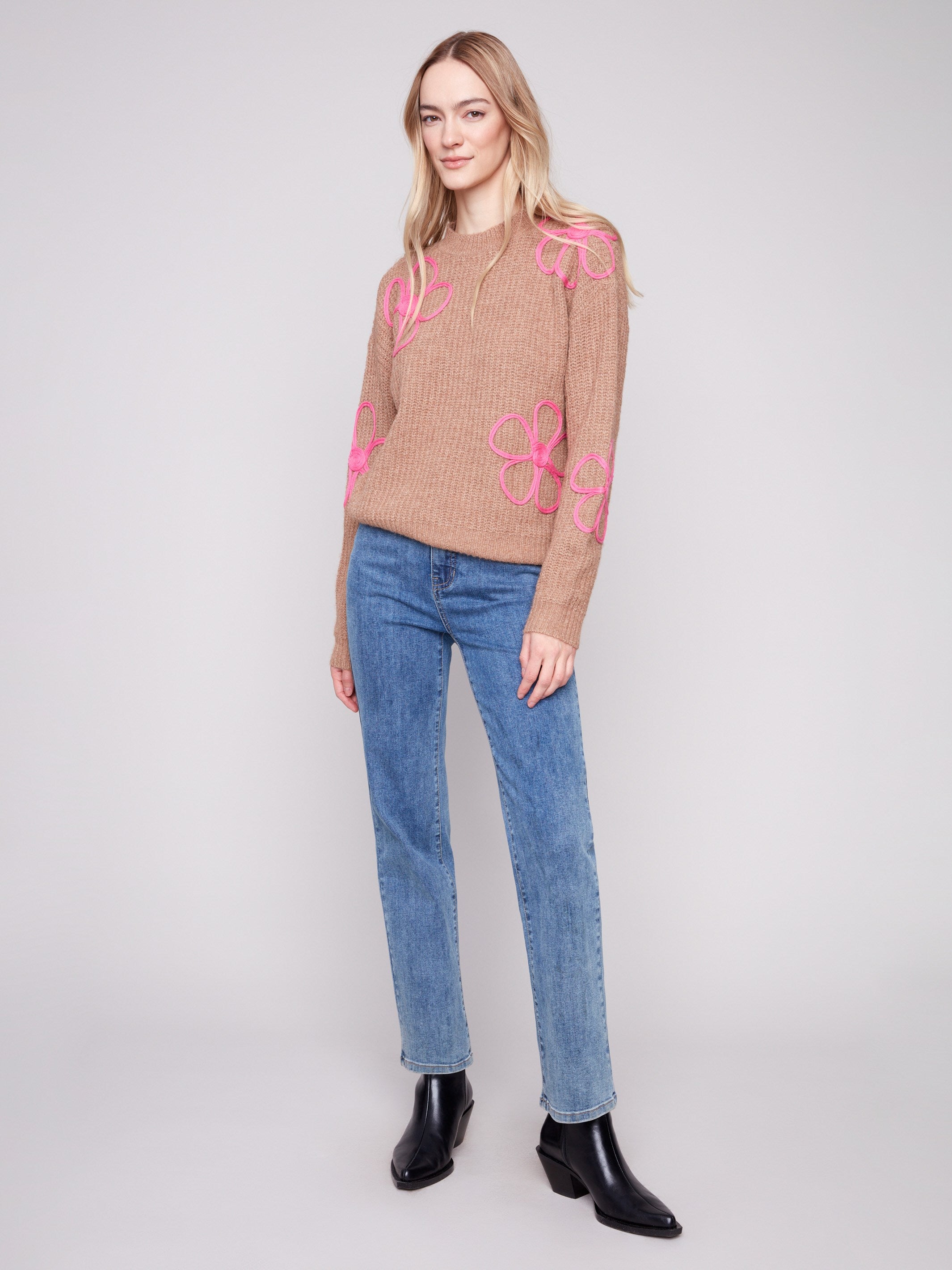 Stylish sweater in Heather Truffle featuring contrast soutache detail, ideal for a chic yet relaxed look by Charlie B.
