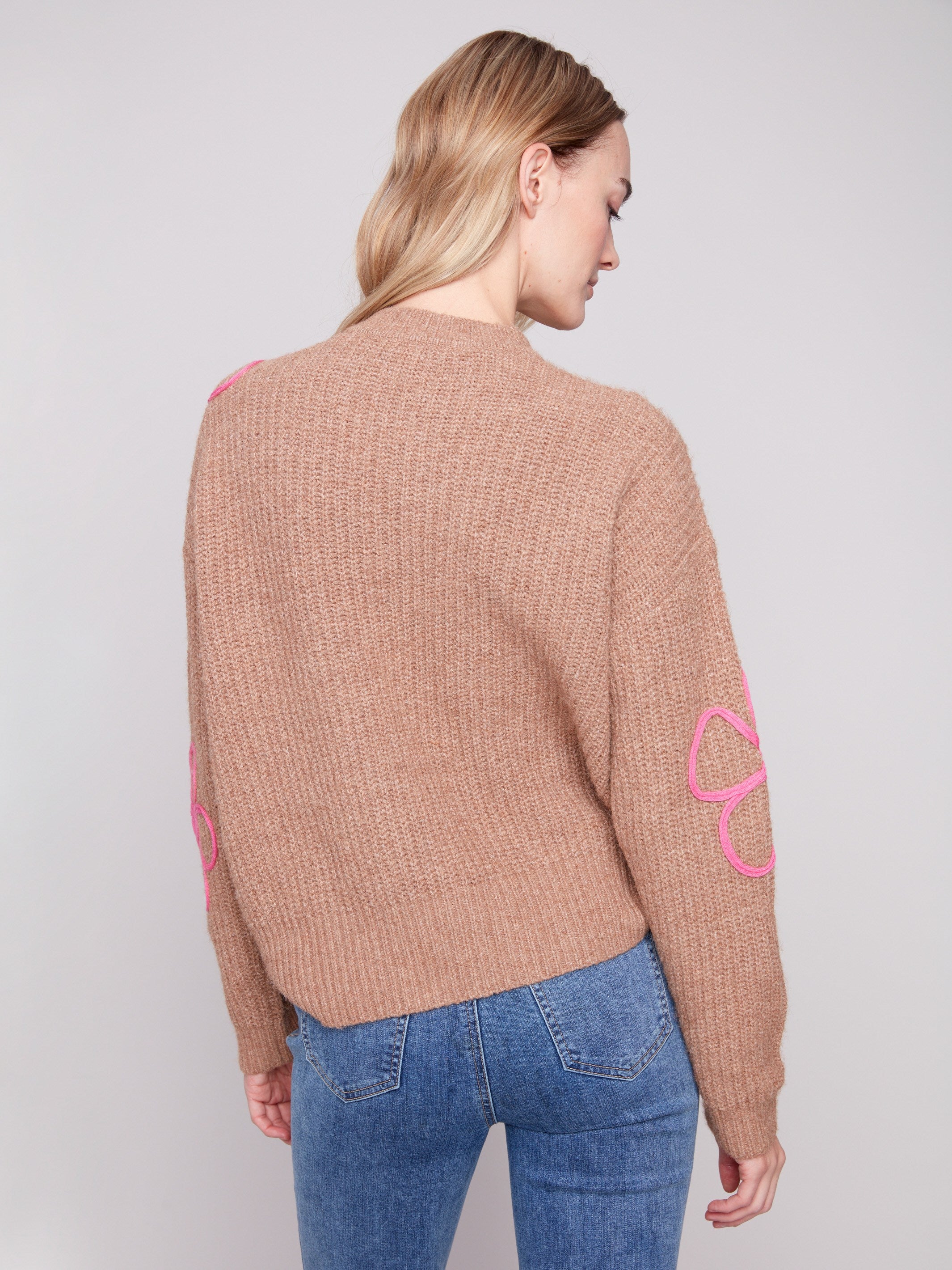 Elegant drop shoulder sweater in Heather Truffle with pink floral accents, blending comfort and fashion seamlessly by Charlie B.