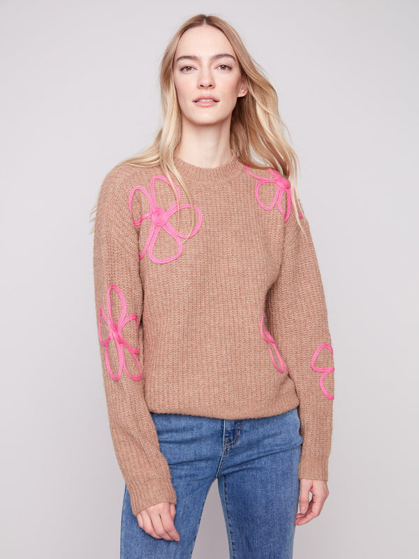 Heather Truffle crew neck sweater showcasing beautiful contrast soutache detail for a standout appearance by Charlie B.