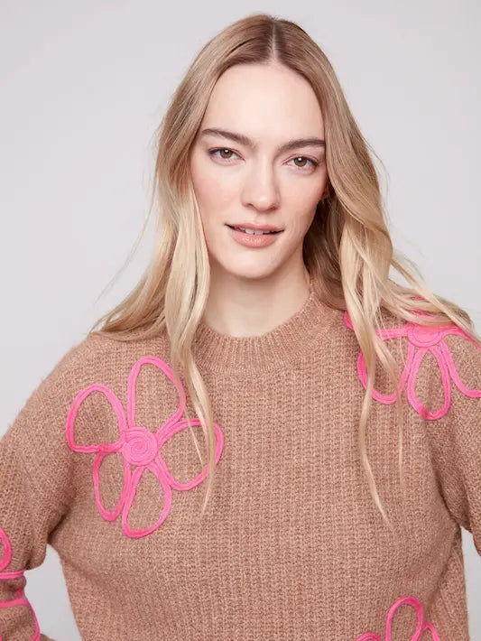 Floral Soutache Crew Neck Sweater - Heather Truffle